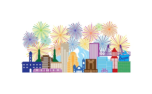 Portland Oregon Skyline Fireworks Color Illustration Digital Art