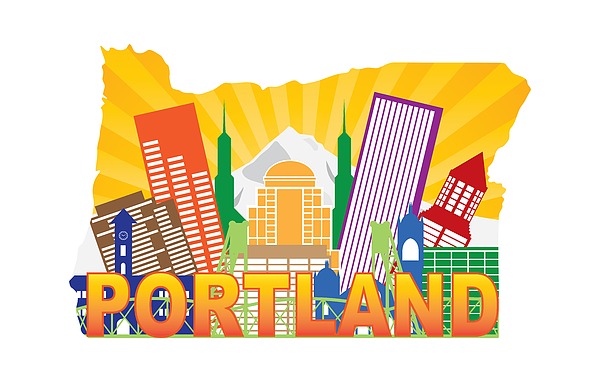Portland Oregon Skyline In State Map Photograph