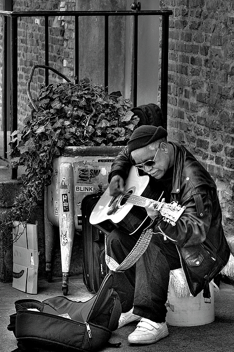 Post Alley Musician In Black And White Photograph