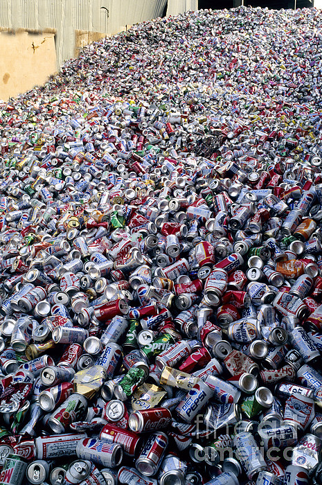 Tin Cans At A Recycling Center Pile Metal Top Photo Background And