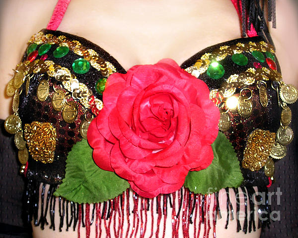 Red-gold jeweled bra. Ameynra belly dance fashion by Sofia Goldberg