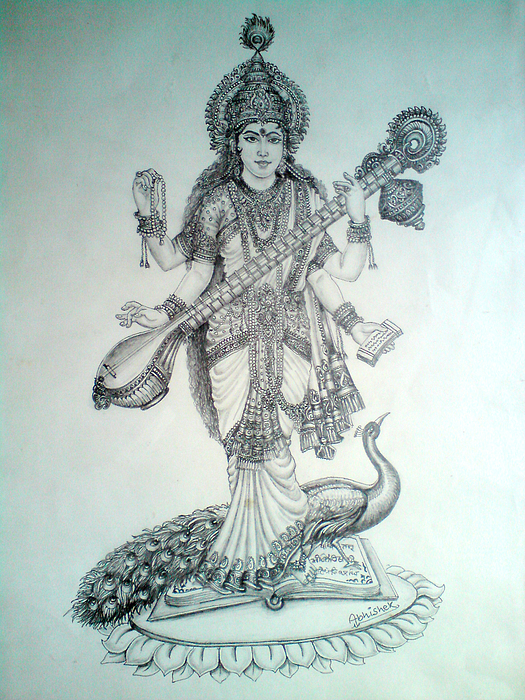 Saraswati Puja Drawing Sketch | Maa Saraswati Pencil Drawing - YouTube