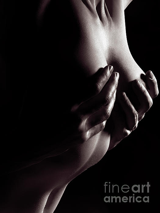 Hands Covering Naked Breast with Headphones Stock Photo - Image of