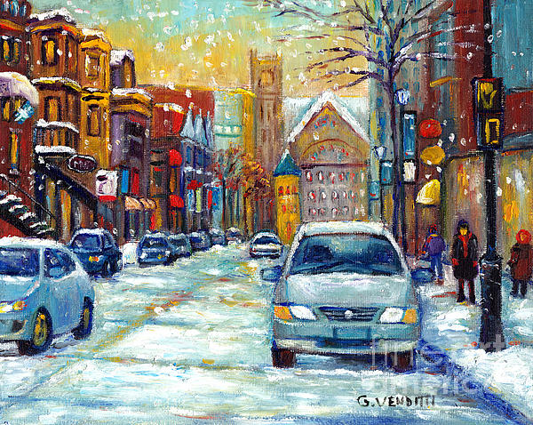 Grace Venditti - Sparkling Snow Falling On Crescent Street Downtown Montreal Painting For Sale