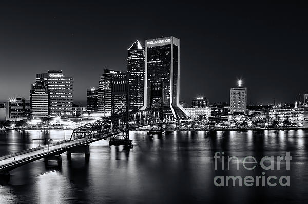 Kay Brewer - St Johns River Skyline By Night, Jacksonville, Florida in Black and White