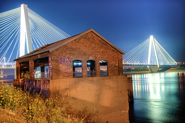 Stan Musial Veterans Memorial Bridge at Night - St. Louis Missouri Black  and White Kids T-Shirt by Gregory Ballos - Pixels