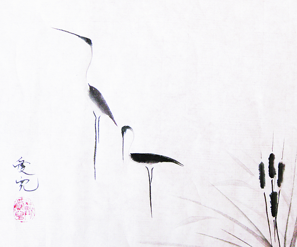 Sumi-e Egrets Greeting Card for Sale by Oiyee At Oystudio