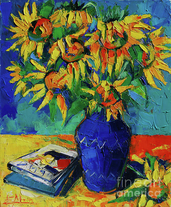 Mona Edulesco - Sunflowers In Blue Vase