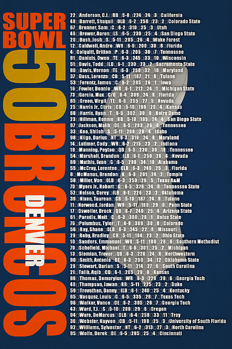 Super Bowl 50 Denver Broncos Roster T-Shirt by Joe Hamilton - Fine