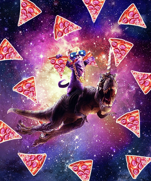 Thug Space Cat On Dinosaur Unicorn - Pizza Shirt