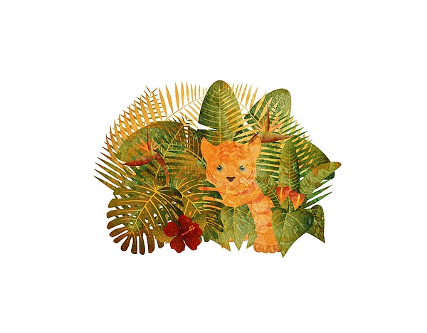Tropical Rainforest  Jungle Tiger Cub Grunge Illustration Digital Art