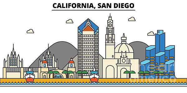 Usa, San Diego, California Skyline.City illustration with best famous  landmarks. Line art style silhouette cityscape. Urban retro design.  Greeting