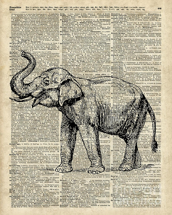 Vintage Illustration Of Happy Elephant over Old Dictionary Book Page ...