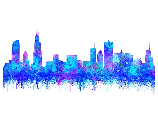 Watercolour Splashes And Dripping Effect Chicago Skyline Painting