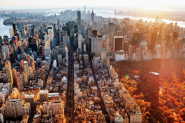 New York City Manhattan Central Park Aerial View Towards Central Park With Foliage Empire State Building And One World Trade Center At Sunset 1