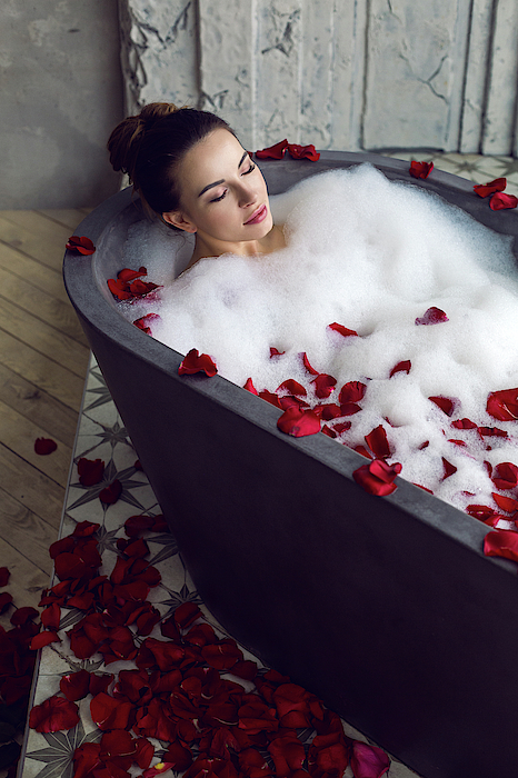 Sexy Young Beautiful Girl Is Lying In A Stone Gray Large Bathroom With Foam  #2 Bath Towel by Elena Saulich - Fine Art America