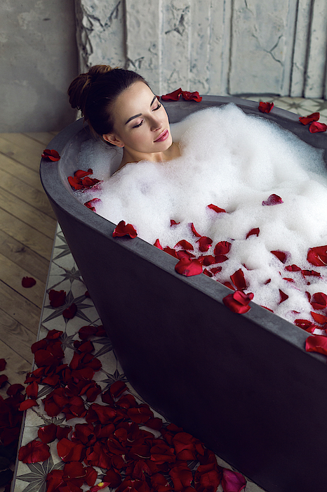 Sexy Young Beautiful Girl Is Lying In A Stone Gray Large Bathroom With Foam Bath  Towel by Elena Saulich - Pixels