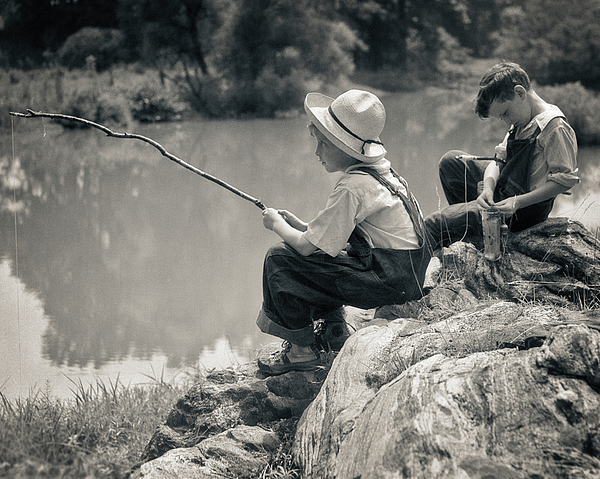 1930s Two Boys Sitting On Rocks Fishing Sticker