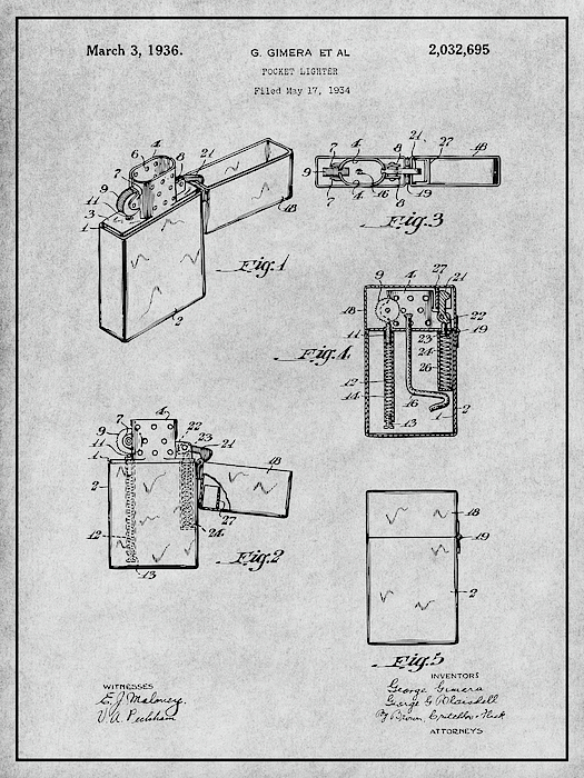 1934 Zippo Pocket Lighter Gray Patent Print Jigsaw Puzzle by Greg