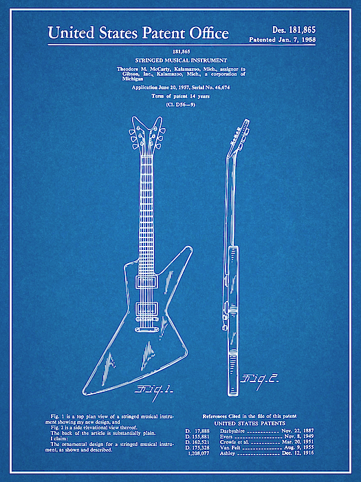 1957 Gibson Explorer Guitar Patent Print Blueprint Jigsaw Puzzle