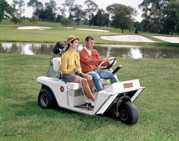s Man And Woman In Golf Cart Fleece Blanket by Vintage Images