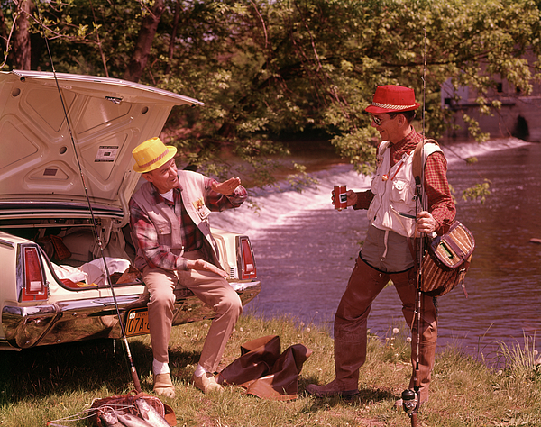 1960s Two Men Wearing Fishing Gear Shower Curtain by Vintage