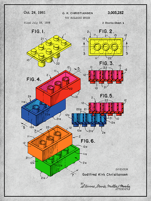 1961 Color Lego Toy Building Blocks Patent Print Gray Jigsaw