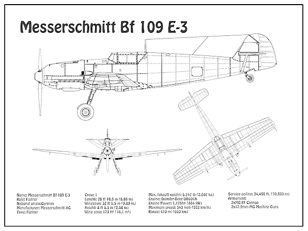 Messerschmitt Bf 109 E 3 Airplane Blueprint Drawing Plans For The Messerschmitt Bf 109 E Fighter Greeting Card For Sale By Stockphotosart Com