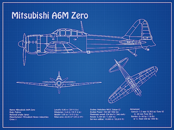 Mitsubishi A6m Zero - Airplane Blueprint. Drawing Plans For Mitsubishi ...