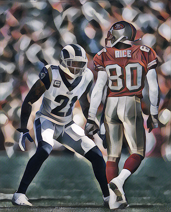 AQIB TALIB LOS ANGELES RAMS vs JERRY RICE SAN FRANCISCO 49ERS ABSTRACT ART  1 T-Shirt by Joe Hamilton - Pixels