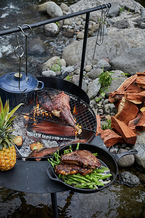 Barbecue Over Wood Fired Grill Near Stream by Cavan Images