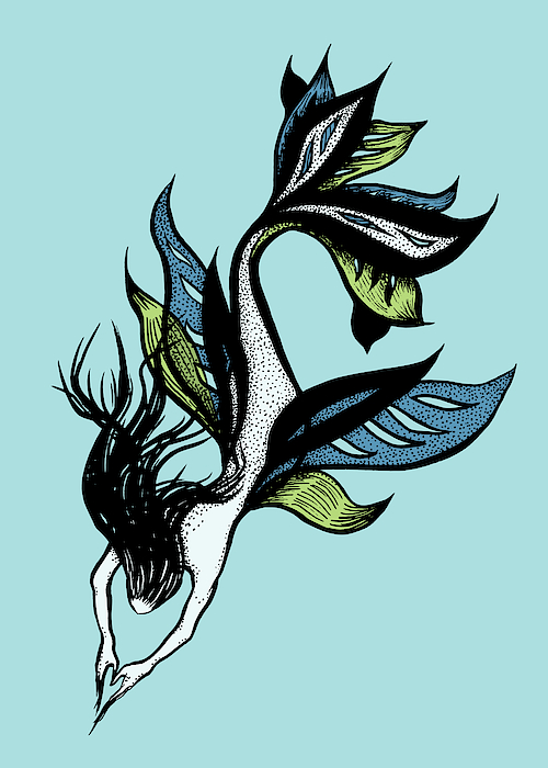 Beautiful Mermaid Drawn Tattoo Style In Black Blue Green Drawing