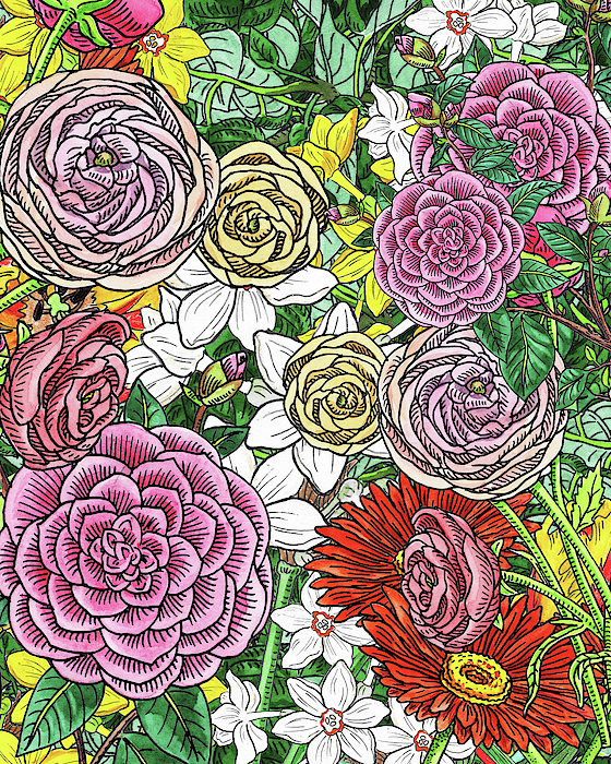 Irina Sztukowski - Botanical Watercolor Flowers Garden Flowerbed IV