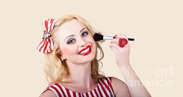 Cosmetics Pin-up Model Applying Blusher Makeup Photograph