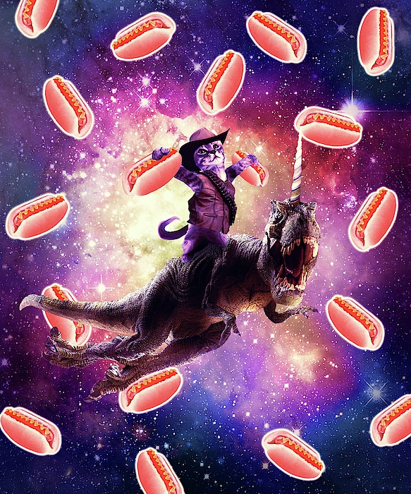 Cowboy Space Cat On Dinosaur Unicorn - Hot Dog Yoga Mat