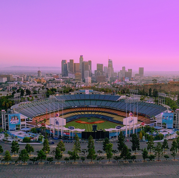 Dodger stadium with Los Angeles in the background T-Shirt by Josh