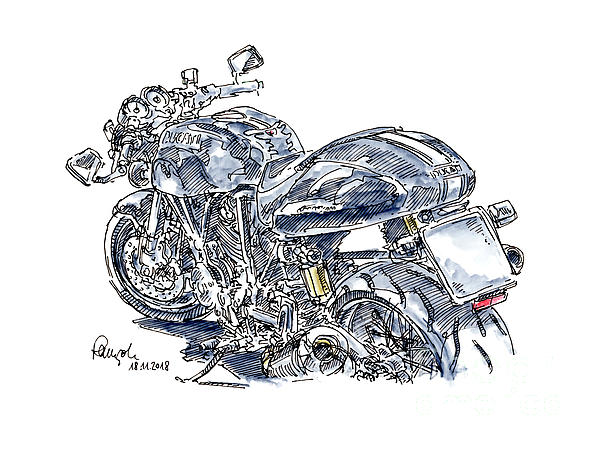 Ducati 1000 Biposto Motorcycle Ink Drawing and Wat Greeting Card for Sale by Frank Ramspott