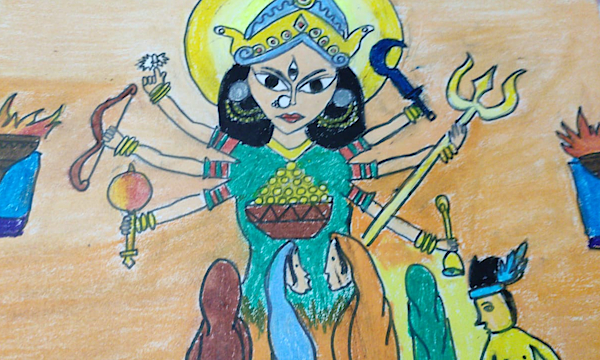 Hand Painted Corona Binashini Durga Painting - Necessity eStore