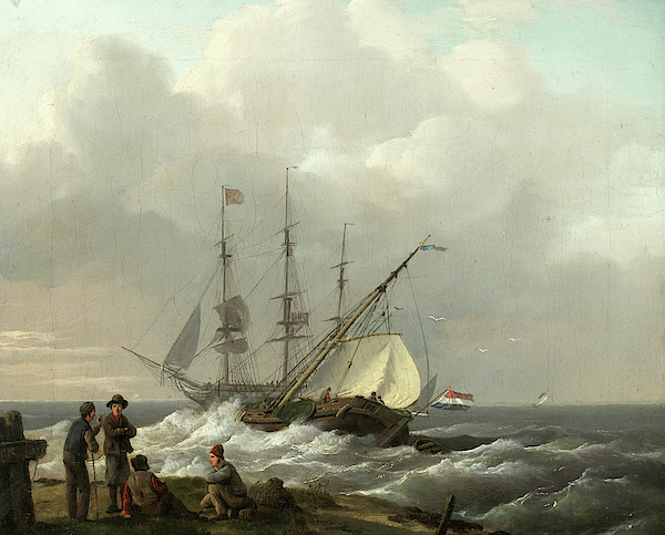 Fishermen on the shore with ships setting sail beyond Jigsaw Puzzle