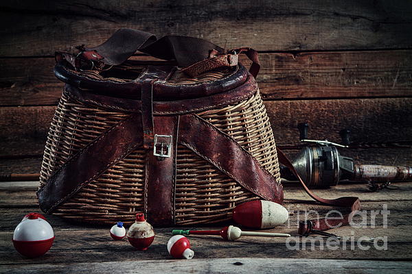 Fishing bobbers with vintage Creel basket Onesie by Suzanne Tucker - Pixels