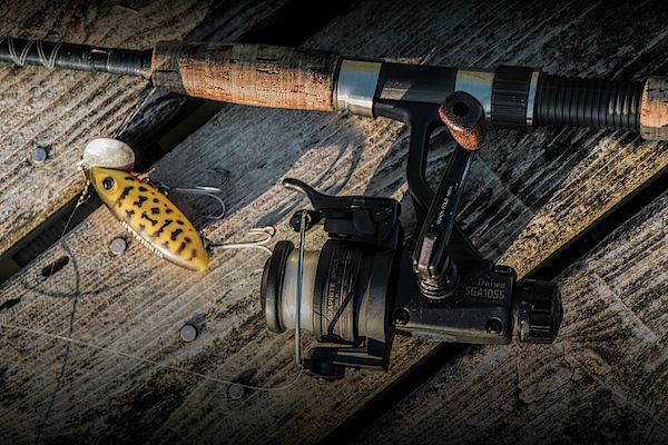 Fishing Rod with Spinning Reel and Jitterbug Crank Bait on a Boa Coffee Mug  by Randall Nyhof - Pixels