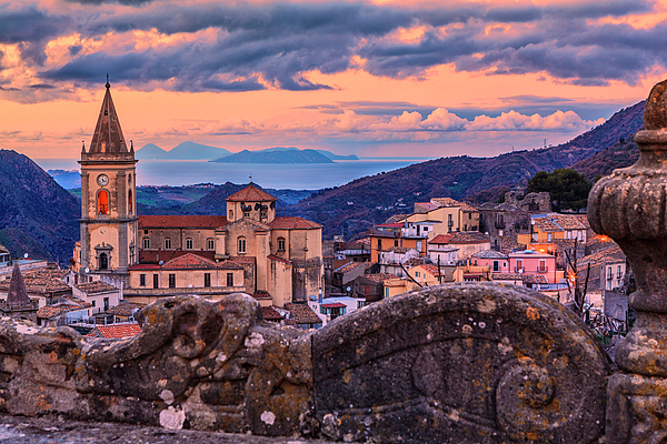 Italy, Sicily, Messina District, Monti Peloritani, Novara Di Sicilia,  Cathedral And Aeolian Islands In Background, This Town Is Part Of Borghi  Piu Belli D'italia T-Shirt by Alessandro Saffo - Fine Art America