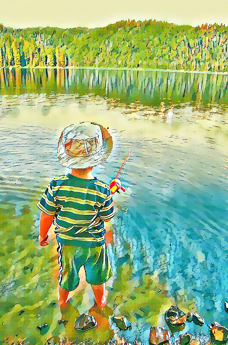 Kid holding a rod on a lake 1 Sticker by Jeelan Clark - Fine Art