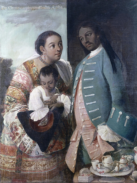 MIGUEL CABRERA (1695-1768). A Spaniard and his Mexican Indian Wife and  their Child, from a series on mixed race marriages in Mexico - oil on  canvas - 1763. - Album alb6130516