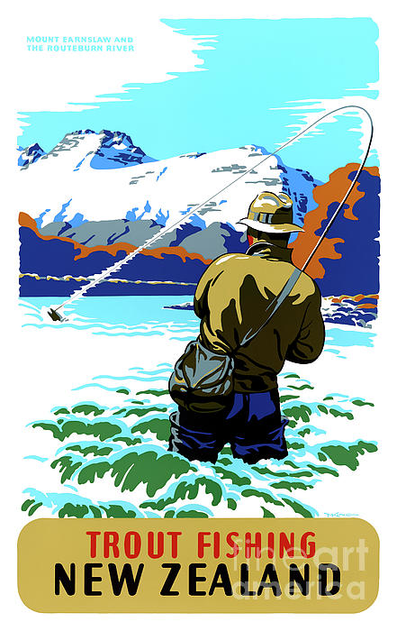 New Zealand Trout Fishing Vintage Travel Poster Restored Greeting Card by  Vintage Treasure