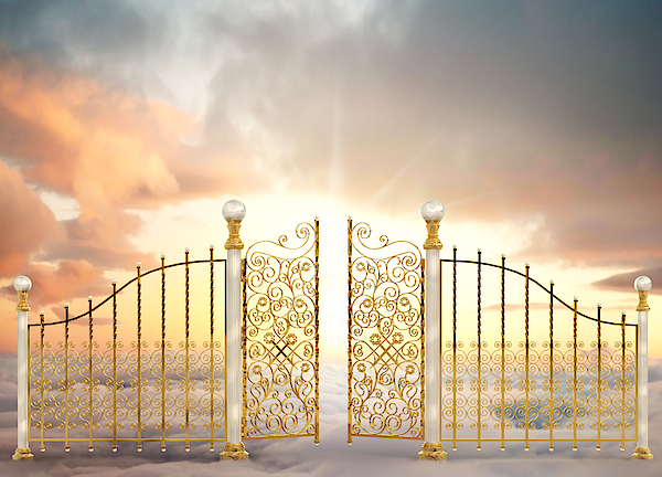 Pearly gates of heaven opening to a high altitude sunrise between two ...