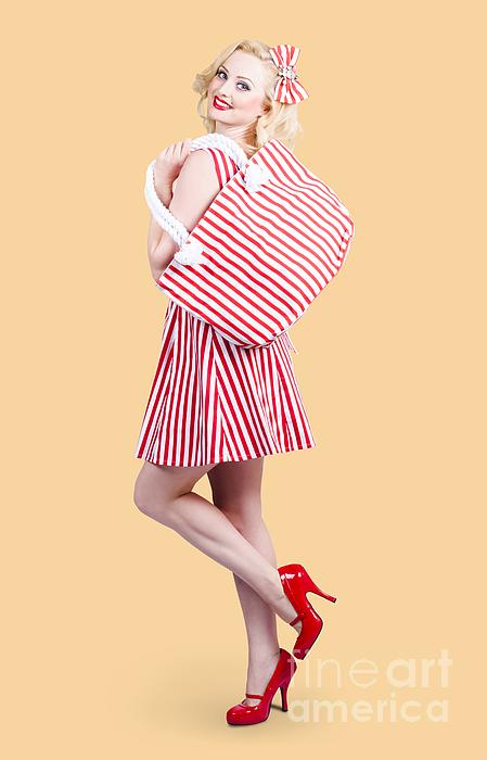Pin Up Girl Wearing Stripped Red Dress Holding Bag Photograph