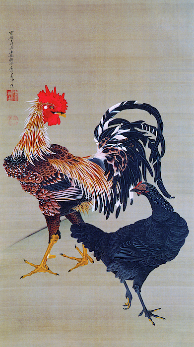 Rooster and Chicken in Garden by Asian Ito Jakuchu Counted Cross Stitch Pattern 