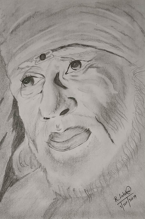 Shirdi Saibaba pencil sketch with darkblue background - Sai Art Online