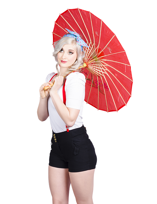 Smiling retro woman holding a red umbrella T-Shirt by Jorgo Photography -  Pixels Merch